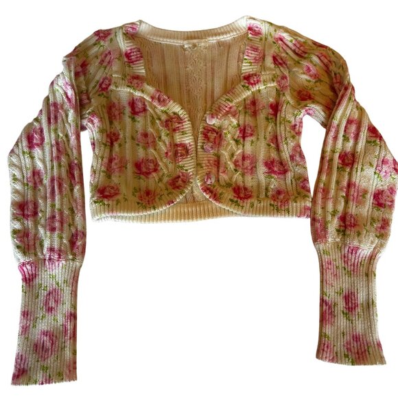 LoveShackFancy Cropped Floral Cotton Cardigan, Pink/Cream/Green, Size M (UK 10 / - Picture 2 of 4